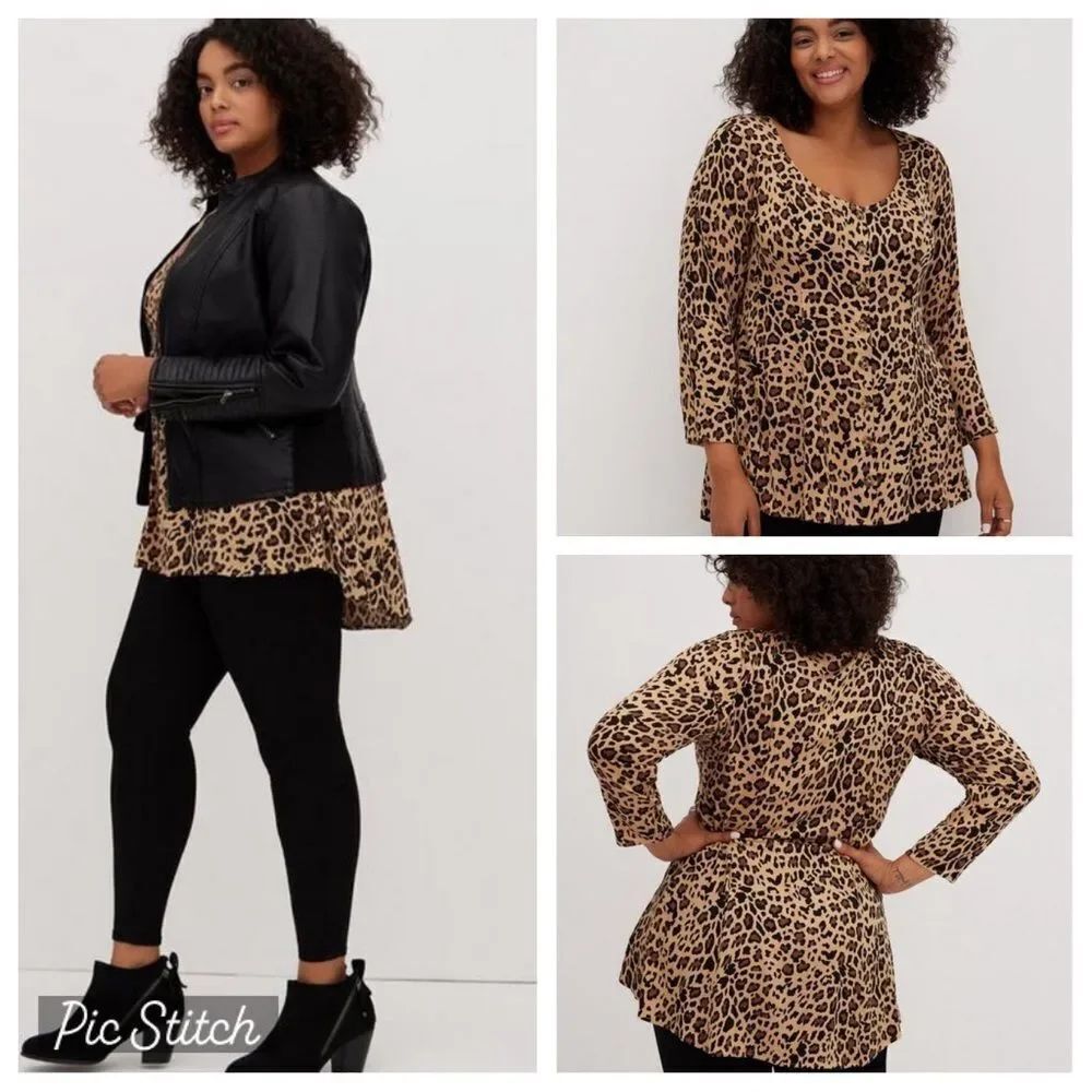 Torrid Stella Wm’s Sz 2X Leopard Print Stretch Challis Tunic Fit & Flare Blouse